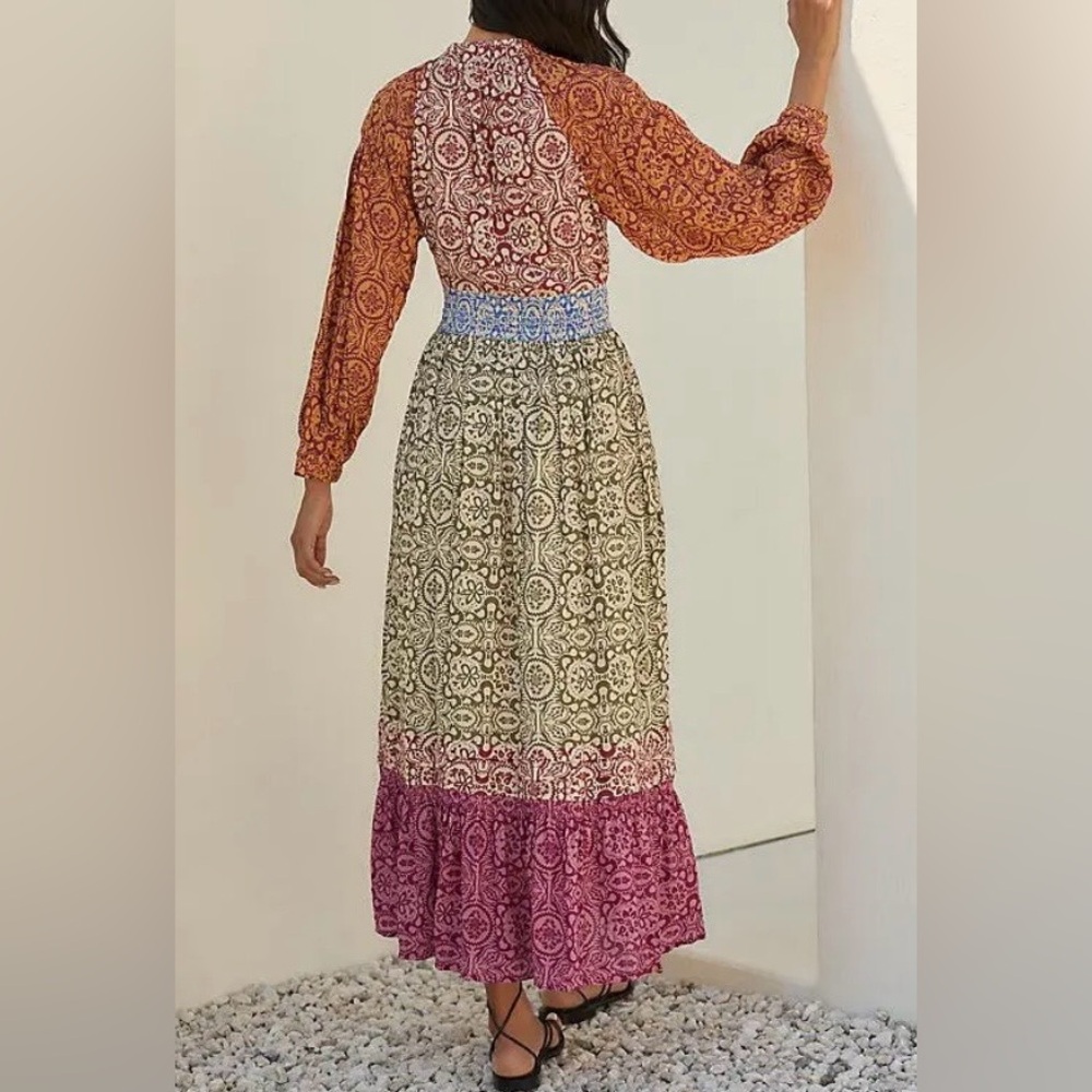Mahila boho mixed print tiered maxi dress v-neck, smocking festival cottagecore - Picture 3 of 11